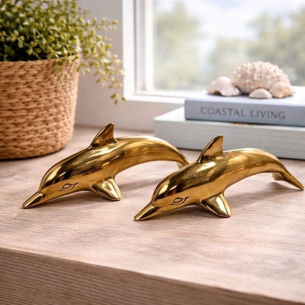 Set Of 2 Vintage Solid Brass Dolphin Figurines Mid-Century Modern Nautical Decor
